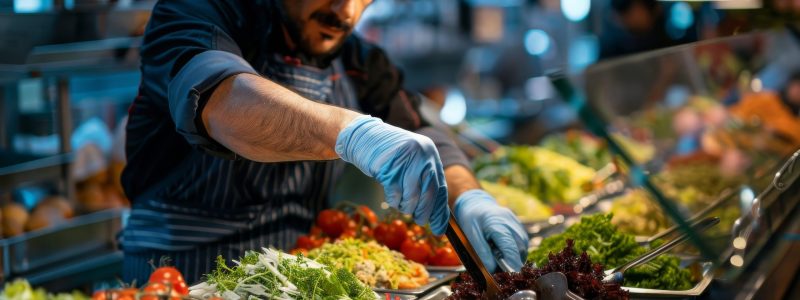 Chef in protective gloves artfully composing a salad at the restaurant's food bar, showcasing culinary hygiene and skill